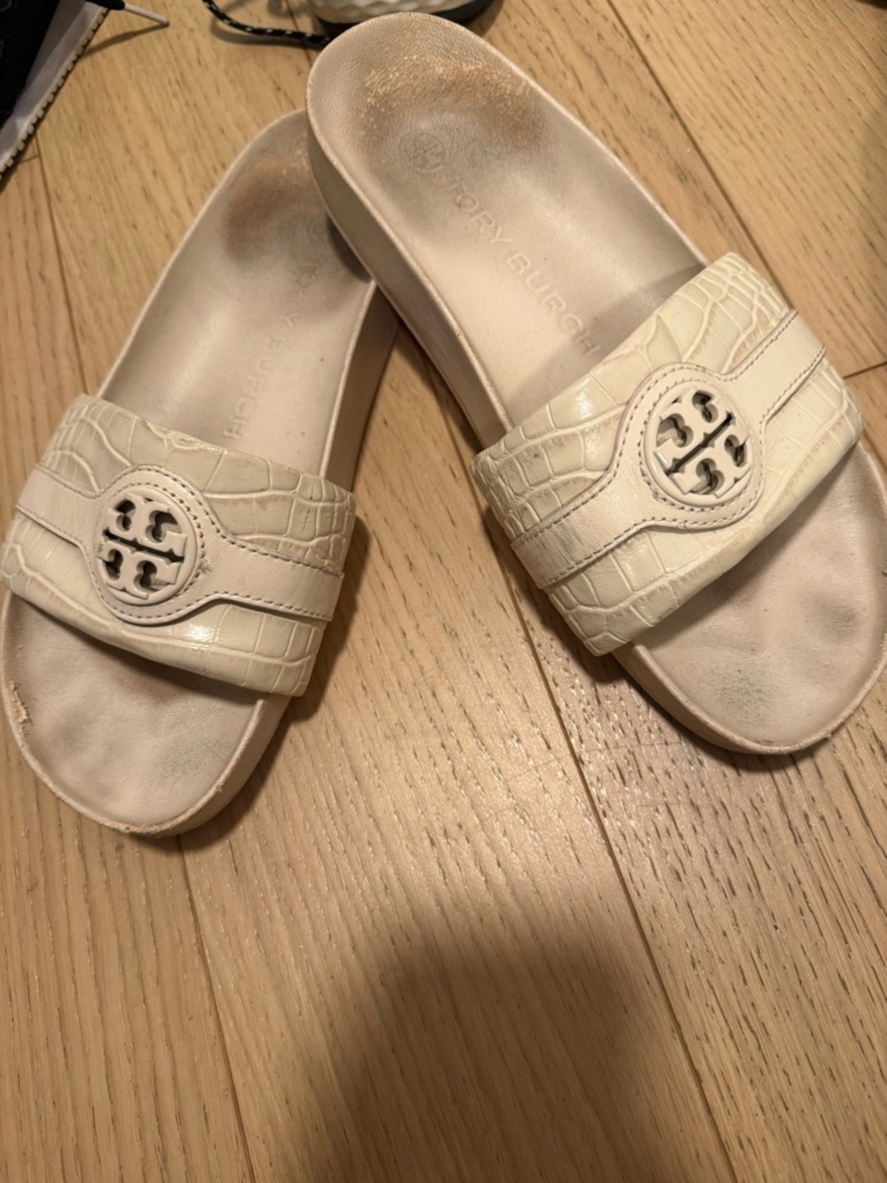 Tory Burch Cream Croc-Embossed Logo Slide